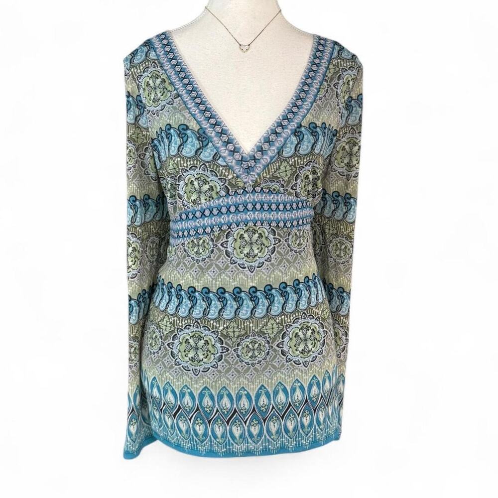Y2K blue green geometric blouse V-neck long sleeves XL Axcess by Liz Claiborne